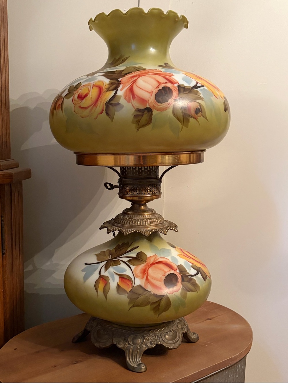 Hand-Painted Floral Glass Table Lamp - Olive Green